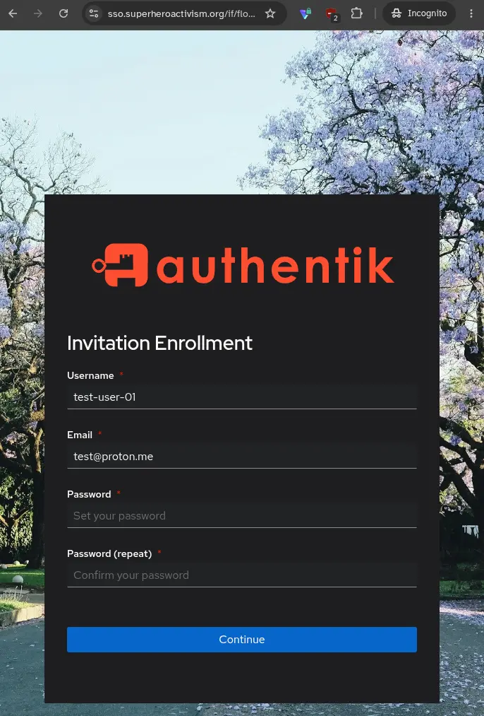 Registration page with fields for username, email, and password
