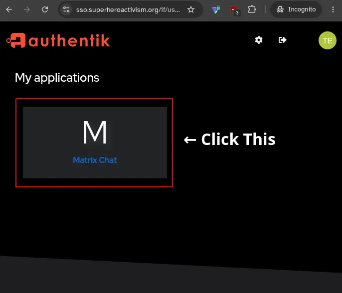Portal dashboard with Matrix Chat listed under My applications