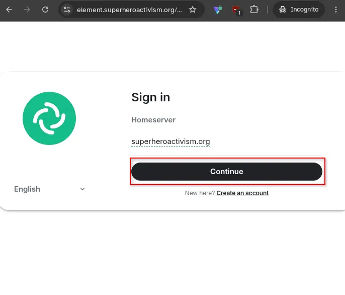 Element login page with superheroactivism.org in the homeserver field