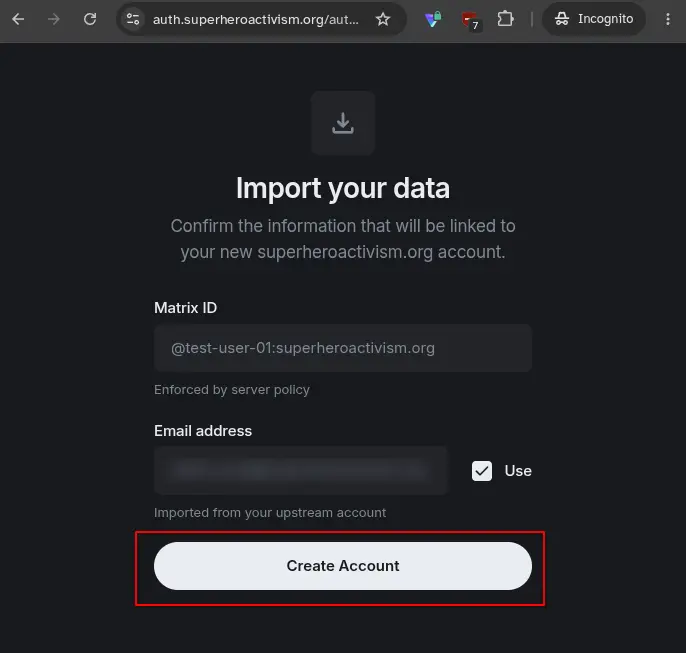 Element page with a Create Account button