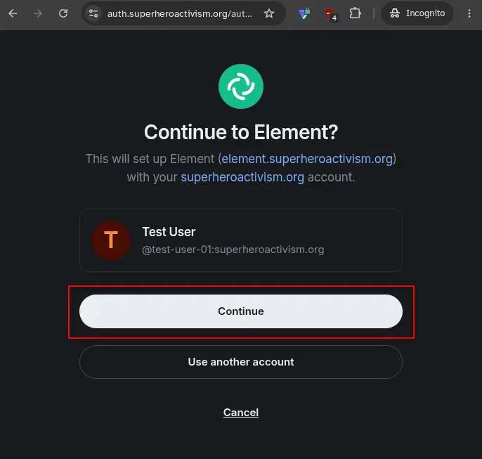 Element page with a Continue button